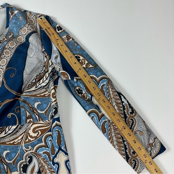 Chicos Faux Suede Jacket Paisley Sz 1 US 8 Medium Blue Beige Open Front Duster - Picture 10 of 15